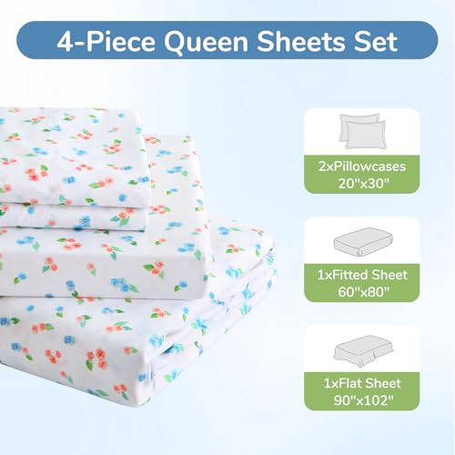 Image of MUXHOMO Queen Size 4 Piece Sheet Set, Soft & Breathable Sheet for Bedroom with Deep Pocket Up to 16 inch, Wrinkle-Free & Cooling Bed Sheet with Flat Sheet, Fitted Sheet & Pillowcases - Bicolor Floral