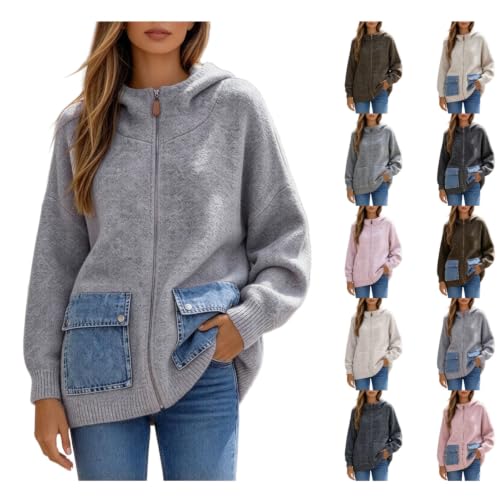 JiXiang Knit Cardigans for Women Zip Up Long Sleeve Cozy Fall Sweater Mock Neck Hooded Outerwear with Denim Patch Pockets - image 1