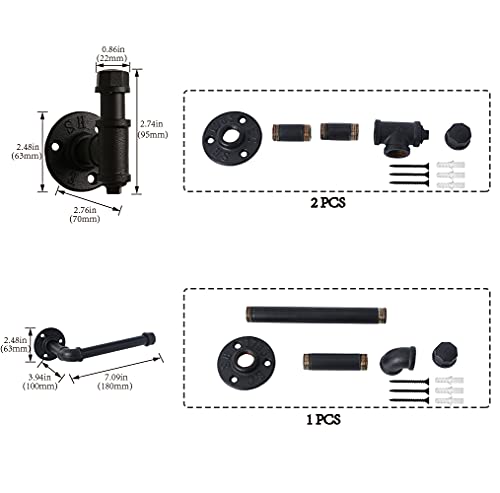 3 Pack Industrial Pipe Bathroom Hardware Accessories Set, Include 2 Robe Coat Towel Hook And 1 Toilet Paper Holder For Hanging. 1/2" Inch Threaded Wall Mounted Rustic Decor Accessories Kit (Black) #TOP6