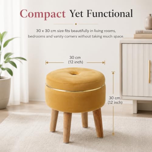 Image of Ottoman Stool for Living Room Foot Rest | Velvet Small Ottoman Foot Stool | Solid Wood Legs | Footstool Puffy for Home, Bedroom & Makeup Table | 30 x 30 cm (12 x 12 Inch) | Yellow
