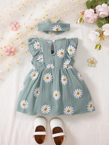 LUJENGEFA Baby Girl Dress Summer Outfits Clothes Casual Cotton Linen Ruffle Sleeveless Sundress Green 3-6 months