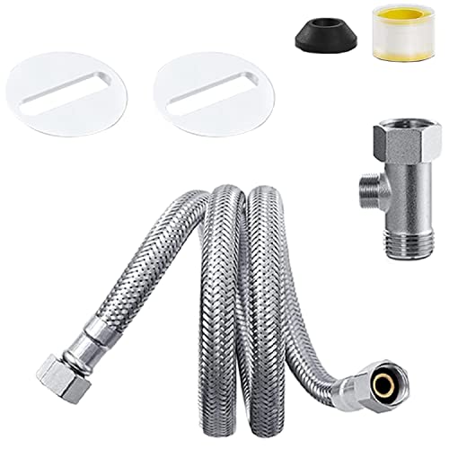 BIGCOW Bidet Installation Accessories Set, Contains 3/8\" Stainless Steel T-Adapter, Teflon Tape, Circular Fixing Plates With Rubber Gaskets * 2, Cold Water Connection Metal Braided Hose