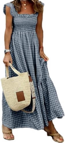 Singing Solo Multi Plaid Smocked Bust Maxi Dress, Women's Retro Plaid Smocked Dress, Spaghetti Strap Flounce Long Dress, Black, Large
