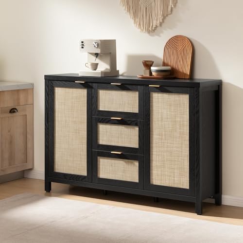 Image of SICOTAS Rattan Sideboard Buffet Cabinet with 3 Drawers, Storage Cabinet | 52 Inch Farmhouse Boho Credenza Coffee Bar Cabinet with Large Storage, Console Table for Living Room, Kitchen