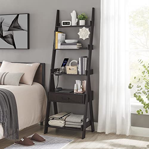 Lovitgo Modern Ladder Shelf, 5 Tiers Industrial Ladder Bookshelf, Comes With Power Outlet And Fast Charging, Wooden Bookcase With Drawers For Living Room, Home Office, Bedroom, Espresso Color #TOP1