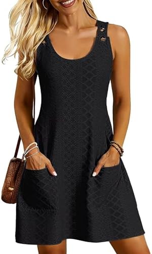 Tanmolo Damen Sommer Strandkleid Trägerkleid mit Taschen A-Linie Knielang | Leicht & Luftig, Kaschiert Problemzonen, Angenehmes Tragegefühl, Praktische Knöpfe, für Strand & Urlaub