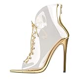 Richealnana Women's Clear Sandals PVC Lace Up Stiletto Heel Ankle Booties Peep Toe Back Zipper Sanda
