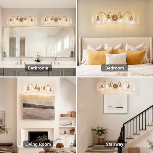 Image of 4 Lights Gold Vintage Bathroom Vanity Light Fixture Over Mirror | Floral Transparent Glass Shades,Antique Wall Sconces,Wall Mount Up or Down, E26 Socket, Hardwired