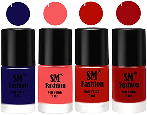 Image of Nail Polish Combo Set (Pack of 4) Quick Dry Gel Finish Nail Paint | Dark Blue,Light Pink,Red Orange,Light Red | 7 ml Each