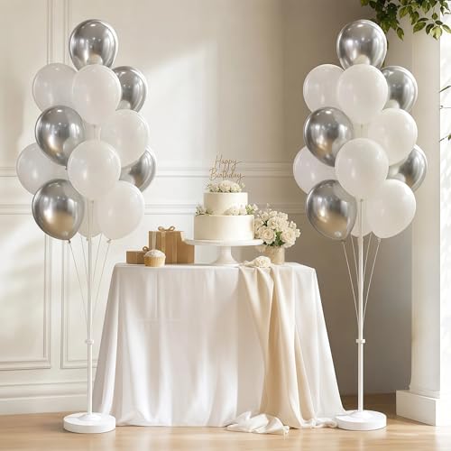 Image of Balloon Column Kit for Floor-Balloon Columns with Stand, Base and Pole,Balloon Tower Backdrop Decoration for Wedding, Baby Shower, Birthday Party, or Bachelorette Parties (Silver White)