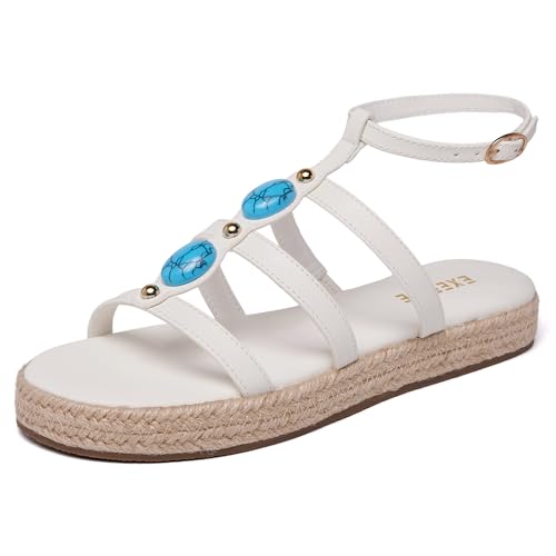 Image of Women's Bohemian Espadrille Platform Sandals,Open Toe Wedge Sandals with Turquoise Decor, Adjustable Ankle Buckle, Summer Beach Shoes