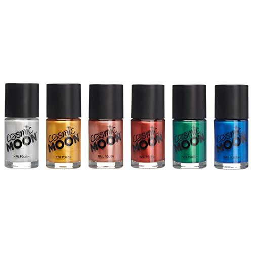 Cosmic Moon - Vernis à Ongles Métallique - 14ml - Pour des ongles métalliques envoûtants - Assortiment de 6 couleurs - Inclut: Argent, Or, Or Rose, Rouge, Vert, Blue Cover