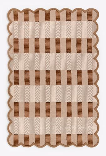 Handmade Scalloped Wool Area Rug - Modern Geometric Pattern, Green-Beige