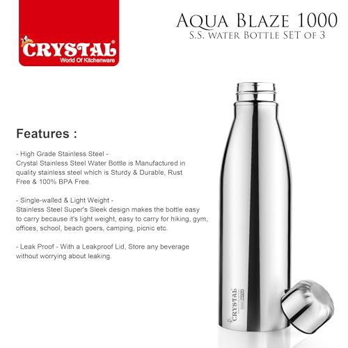 Image of Crystal Aqua Blaze 1000 Stainless Steel Water Bottle 950 ml, Set of 3, Single Walled, ISI Certified I Leak Proof Lid, Rust Proof I For School, Office, Gym I Silver
