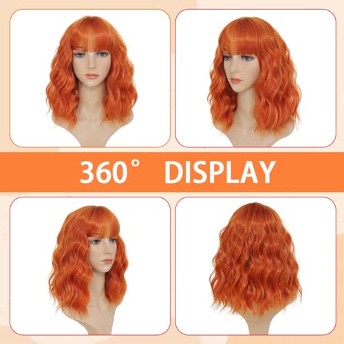 Image of Pastel Ginger Wavy Bob Wig for Women, Short Shoulder Length Synthetic Wig with Bangs, Matte Natural Realistic Look Lightweight Hairpiece, Ginger Color for Daily Wear & Cosplay Costume