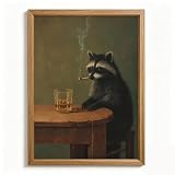 Vintage Raccoon Wall Art Whimsical Funny Canvas Room Decor Dark Academia Poster Moody Animal Wall Art Smoking Raccoon Prints Funny Animal Picture Humor Artwork for Bedroom Bathroom 12x16 Inch Framed