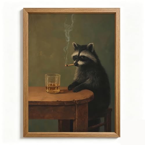 Vintage Raccoon Wall Art Whimsical Funny Canvas Room Decor Dark Academia Poster Moody Animal Wall Art Smoking Raccoon Prints Funny Animal Picture Humor Artwork for Bedroom Bathroom 12x16 Inch Framed
