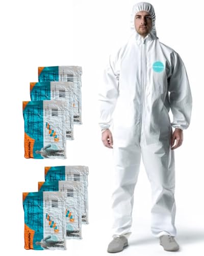 Andes 6 Individual Pack Hazmat Suits, Heavy Duty Full Body Disposable Paint Suits, Lab Coveralls with Hood and Elastic Wrists (XL)