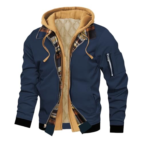 Men's Fashion Quilted Zip Up Bomber Jacket With Hood, Double Zip Splicing Plaid Hooded Tactical Work Winter Jacket Coats (Navy Blue,XX-Large)