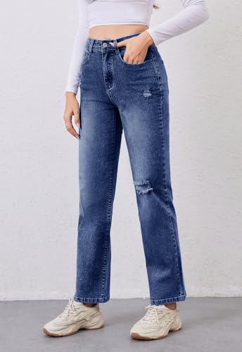 Women's High Waist Jeans Straight Leg Jeans Casual Distressed Stretchy Denim Pants with Pockets3