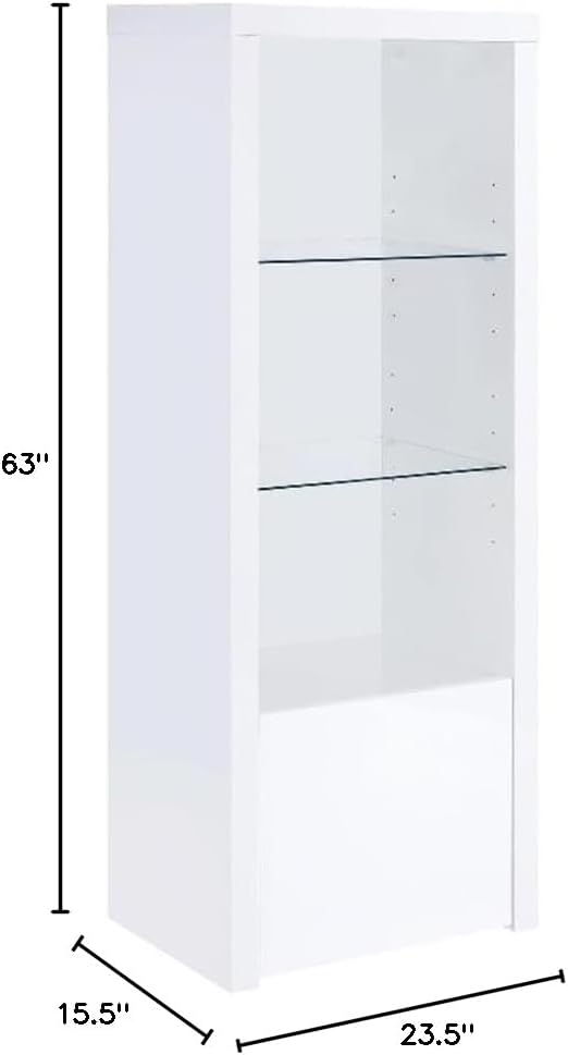 Pemberly Row 3-Shelf Modern Wood Media Tower, 63" H x 23.5" W x 15.5" D, High Gloss White Finish, Clear Tempered Glass Shelves, Lower Cabinet with 1 Door, Adjustable Storage for Media or Decor