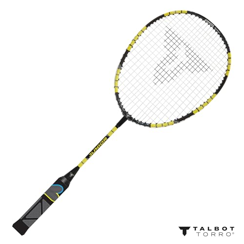 Talbot Torro Rakieta do badmintona ELI Junior, skrócona długość 58 cm, uchwyt do nauki, łeb kropli, idealna do uprawiania sportu szkolnego i treningu, czarno-żółto-niebieska, 419613