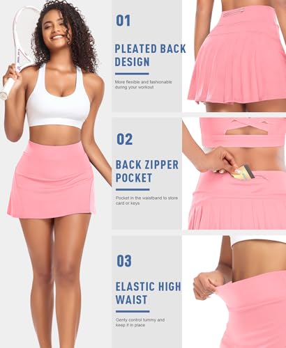 Pleated Tennis Skirts for Women with Pockets Shorts Athletic Golf Skorts Running Workout Sports Activewear Skirt (Pink, M)