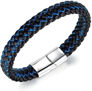 Men's Leather Bracelet Multilayer Braided Magnetic Closure Black and Blue