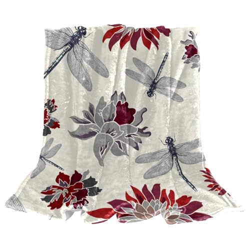 Couverture polaire microfibre chaude et douce jeté de canapé fleurs libellule