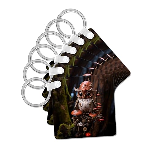 3dRose, Steampunk owl sculpture with gears, mechanical parts, and glowing eyes, set of 6 Key Chains