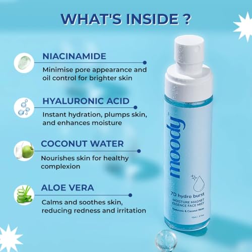 Image of Moody 7D Hydro Burst Hydrating Face Mist & Essence Toner with Hyaluronic Acid Vitamin B5 & Rice Water for Hydrated & Plumped Skin | Face Mist for Soothing And Pore Tightening | Alcohol-Free Toner for Glowing Skin |100% Vegan | 72 Hour Hydration,110ml