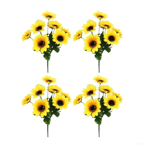 Lot de 4 tiges de tournesol pour décoration d'intérieur avec 9 têtes de fleurs pour annonces chacune, pour table, pour étagère antelle, rebord de fenêtre