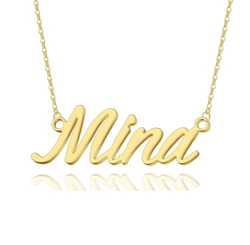 AOLO Mina Name Necklace for Women 18k Gold Plated Stainless Steel - Personalized Nameplate Jewelry Birthday Gift for Mom Adjustable Chain 16-18 Inch