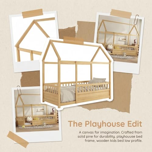 Image of Bellemave Kids Full Size Floor Bed with House Roof Frame and Safety Fence, Wooden Montessori Bed, Low Profile Playhouse Bed for Boys Girls Bedroom (Natural)