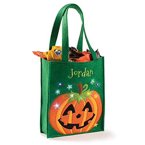 Personalized Planet LED Happy Jack O Lantern Halloween Light Up Trick or Treat Bag | Custom Name Embroidered on Green Candy Basket for Kids | Costume Accessory