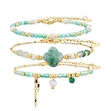 POMODA Beaded Bracelets Set for Women Stackable Healing Layered Bracelets Stack 3PCS Aquamarine Gemstone Crystal Dainty Boho Summer Jewelry for Women Natural Stone 14k Gold Plated