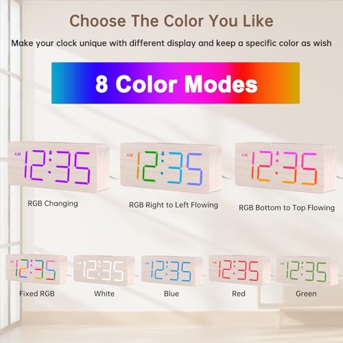 Image of DreamSky Wooden Digital Alarm Clock for Bedroom, Living Room Desk | RGB Loud Alarm Clock for Heavy Sleepers with Volume Control, Large Numbers with Dimmer, Office Wood Decor (Plug in Clock)