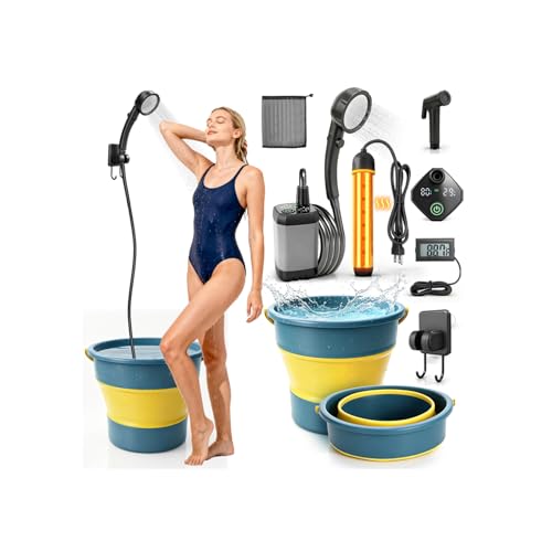 Ducha portátil mejorada 2026 con calentador, bomba recargable de 6000mAh para camping con pantalla LED, 3 modos de rociado, cubo plegable de 5 gal, ducha al aire libre para senderismo, vehículos recreativos, baño de mascotas y lavado de autos