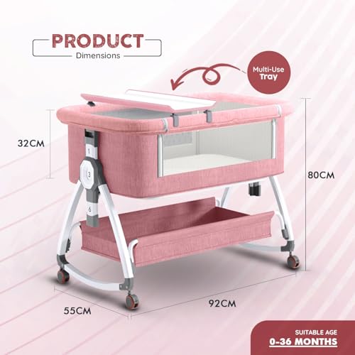 Image of Premium 6-in-1 Baby Bedside Cot, Crib, Cradle Portable All-Mesh Bassinet with Multi-Purpose Tray,Wheels, Storage Basket, and 6 Height Adjustments, for Newborns- Pink