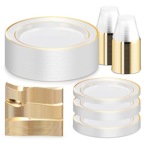 WELLIFE 150 PCS Gold Plastic Plates, Dinnerware Set for 25 Guests