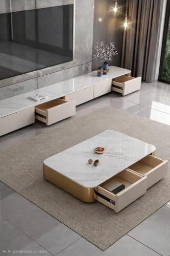 Image of WOODEN SPACE Jaguar Modern Marble Top Coffee Table with Storage | 47.24 Inch Rectangular Centre Table for Living Room | High Gloss Finish (Beige)
