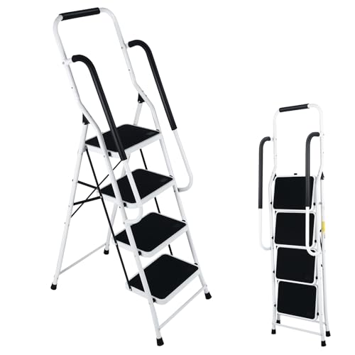 Step Ladder 4 Step Folding with Handrails, Folding Step Stool with Wide Anti-Slip Pedal, Sturdy Steel Portable Ladder, Lightweight Step Stool Foldable for Library Home Garage Office