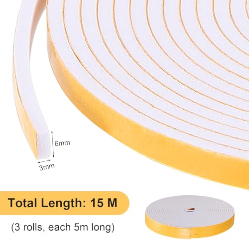 3 Rollen Schaumstoffdichtungsband, selbstklebendes Dichtungsschaumband, 15 m, weißes Dichtungsband für Tür, Fenster, Badezimmer, Dusche, Anti-Kälte, Wind, Lärm und Kollision (6 m x 3 Rollen)