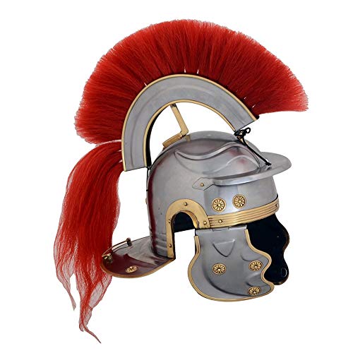 Medieval Roman Centurion Helmet with Red Plume, Steel Armor Jacket Breast Plate and Red Roman Shield Scutum Bundle Set Costume (Helmet)