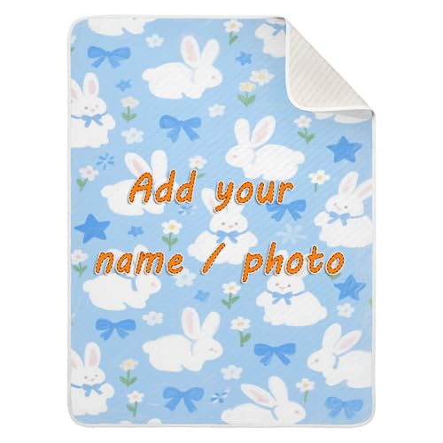 Custom Cute Cartoon White Rabbit Blue Throw Blanket Breathable personalizadas para Name tag Blankets for Girls or Boys 30x40in cobija para