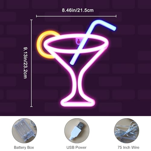 Image of Cocktail Neon Sign Neon Night Light Signs for Wall Decor Battery and USB Dual Powered Cocktails Night Lamp for Bar Club Bar Cart Decor Beautiful Neon Light Cool Neon Sign for Room Bar