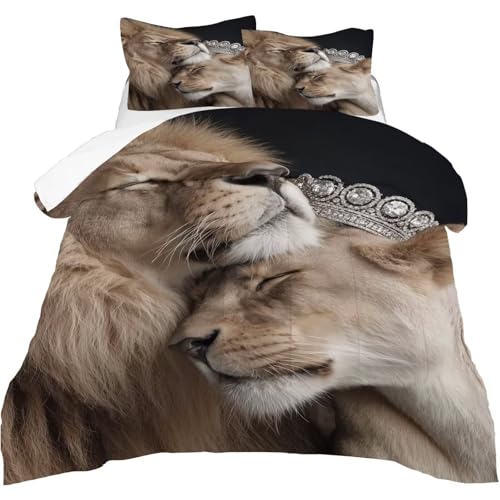 Image of Lion Comforter Set Full Size King and Queen Bedding Sets for Girls Boys Kids Adults Bedroom Decor Romantic Lover Couple Animal Quilt 1 Comforter 2 Pillowcases