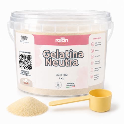 RAIAN FOODS® Gelatina Neutra en Polvo 1kg+100gr 260 BLOOM COLAGENO PROTEINA + Dosificador 30 ml + QR con Recetario y Contenido Exclusivo | Sin Sabor para Repostería y Cocina, Sin Azúcar, Sin Lactosa