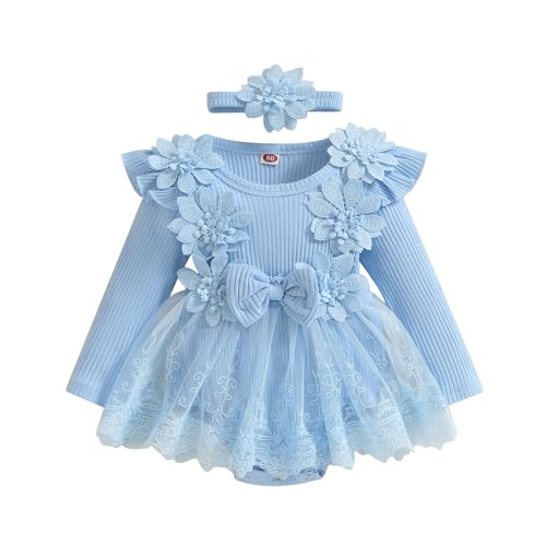 RUINIXCW Newborn Baby Girl Fall Winter Outfit 3D Flower Lace Mesh Long Sleeve Ribbed Romper Dress with Matching Bow Headband (Blue, 1-3 Months)