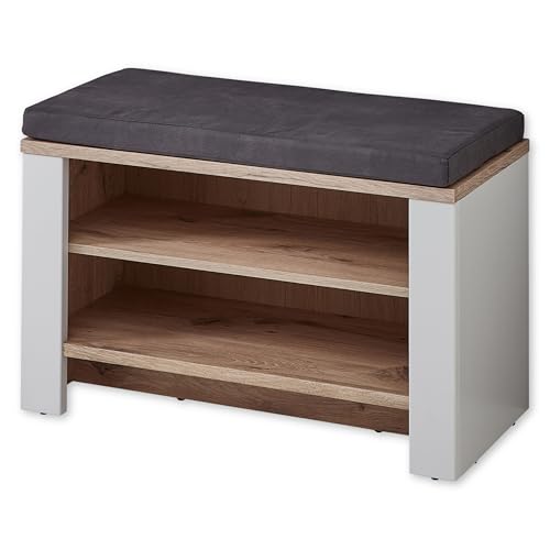 Stella Trading Dijon Schuhbank mit Sitzfläche in Ashgrey, Viking Oak Optik - Moderne Sitzbank mit Stauraum für Flur und Garderobe - 81 x 52 x 38 cm (B/H/T)